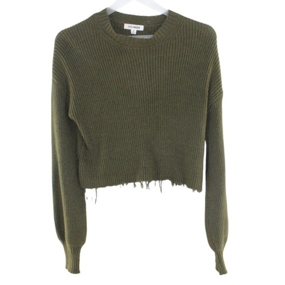 Steve Madden Distressed Cropped Sweater Size S Olive Green Ribbed Knit‎